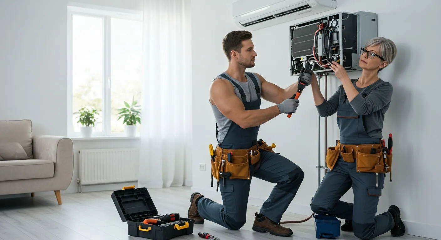 Two technicians installing an indoor AC unit.