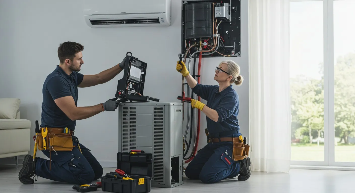 Two technicians installing an indoor AC unit.