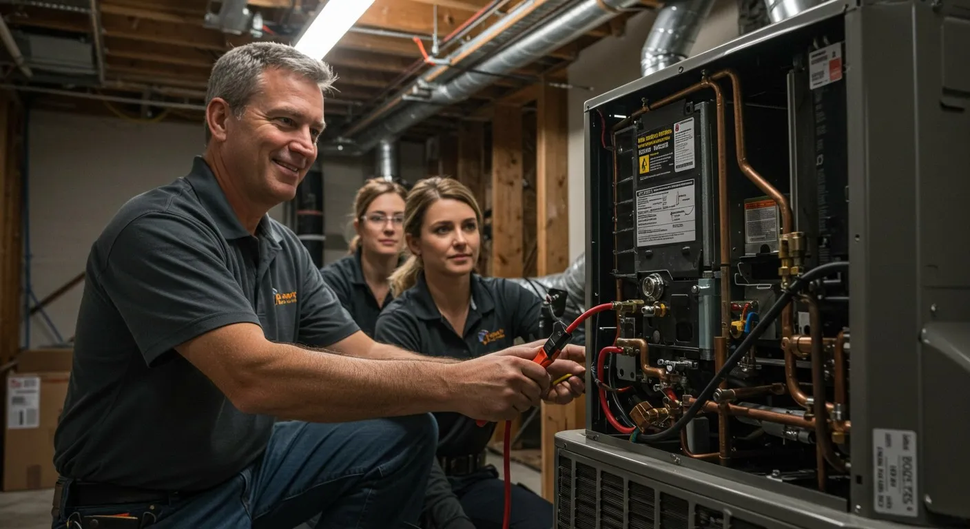A group of people installing an AC unit.