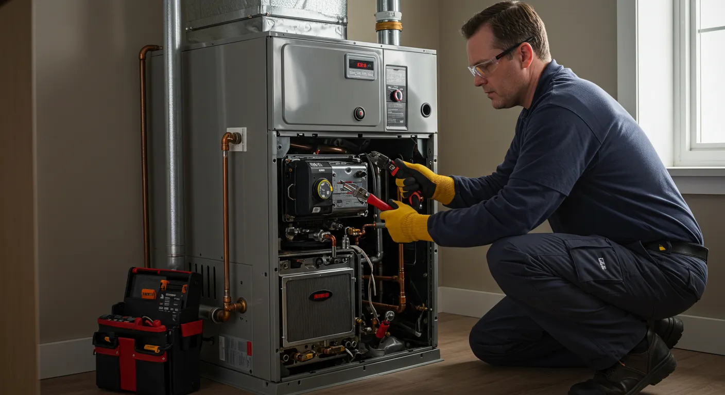 A technician in a blue polo and safety glasses kneels, using a power tool to work on the internal components of a gas furnace.