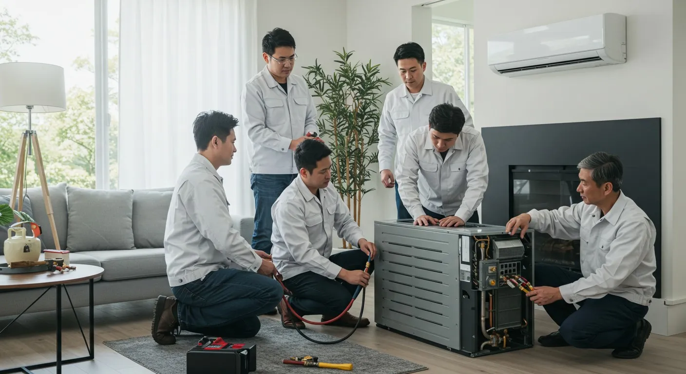 A team of men servicing an AC unit.