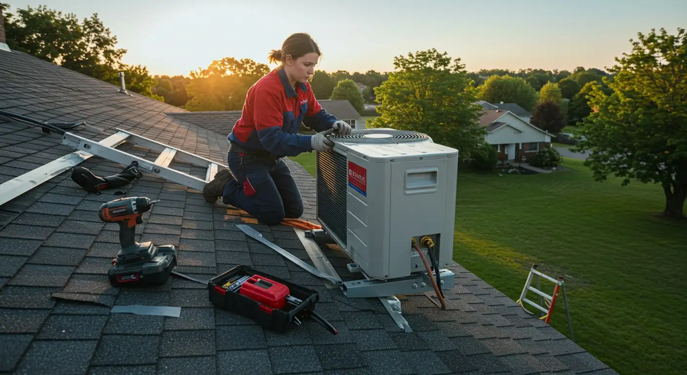 A woman installing an AC unit on a roof.