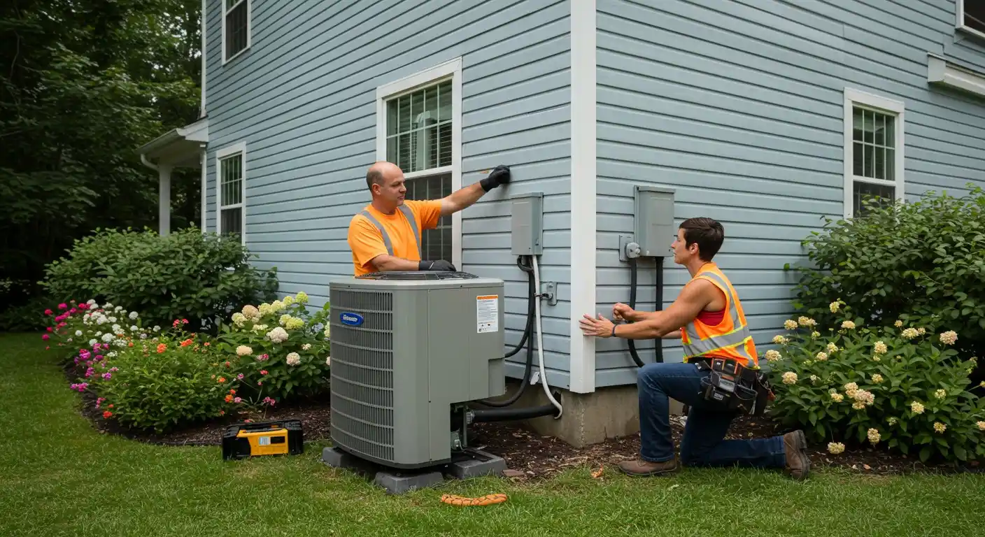 Two male workers installing a residential AC unit.