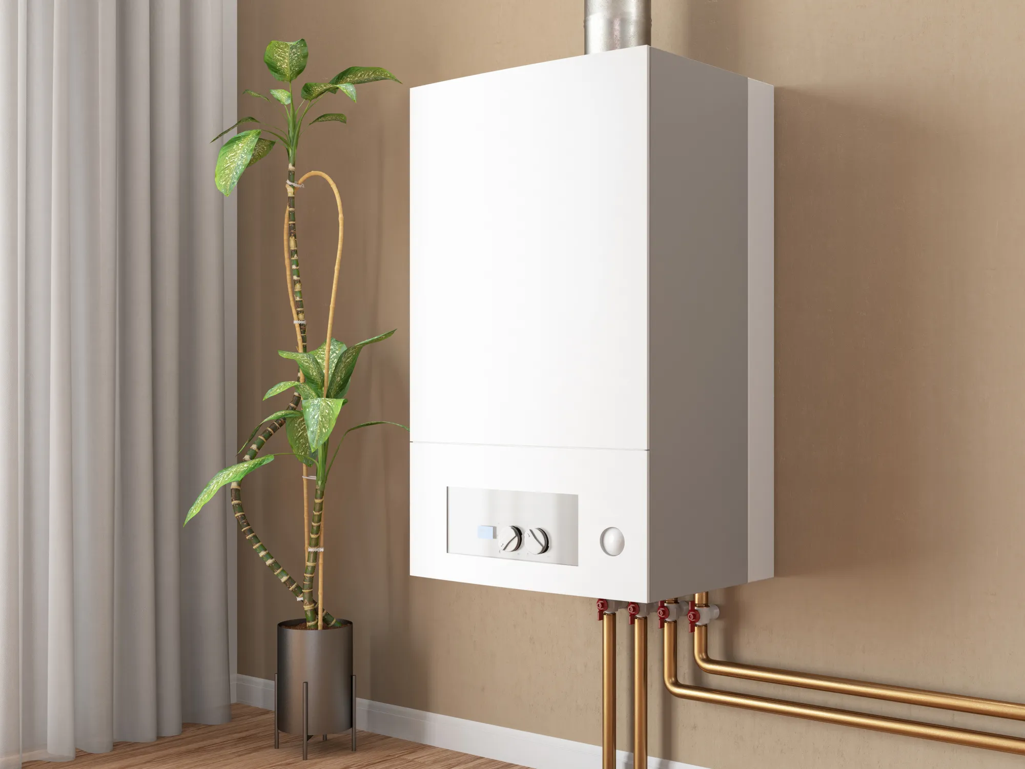 Wall-mounted white boiler with copper pipes, a house plant is beside it.