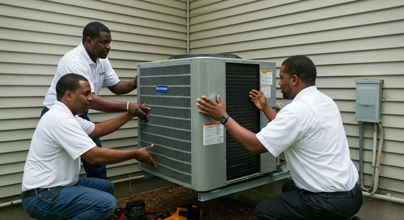 Three male workers installing a residential AC unit.