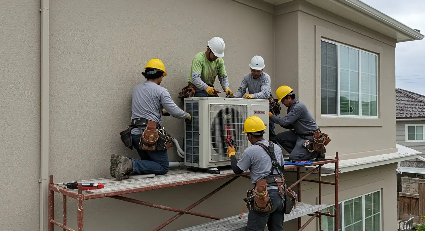A group of men installing a home AC unit.