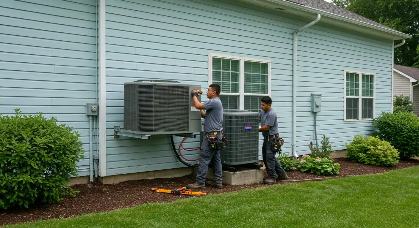 Two male workers installing outdoor AC units.