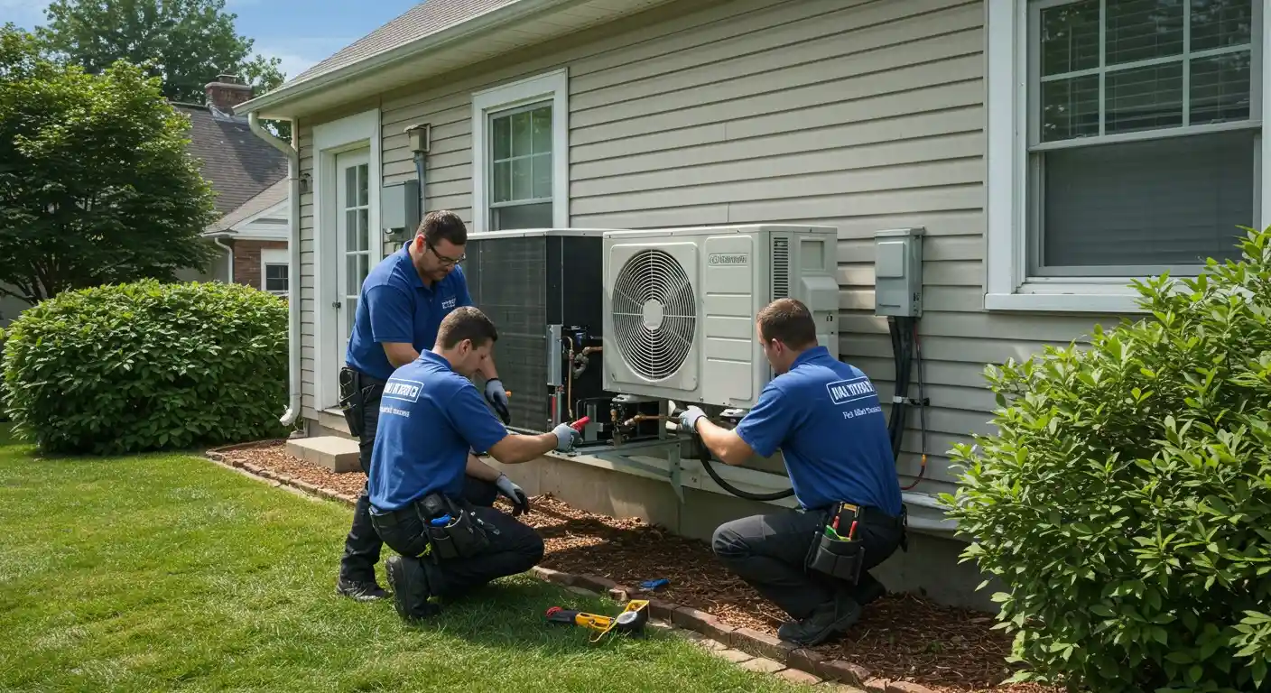 Three men installing a home AC unit.