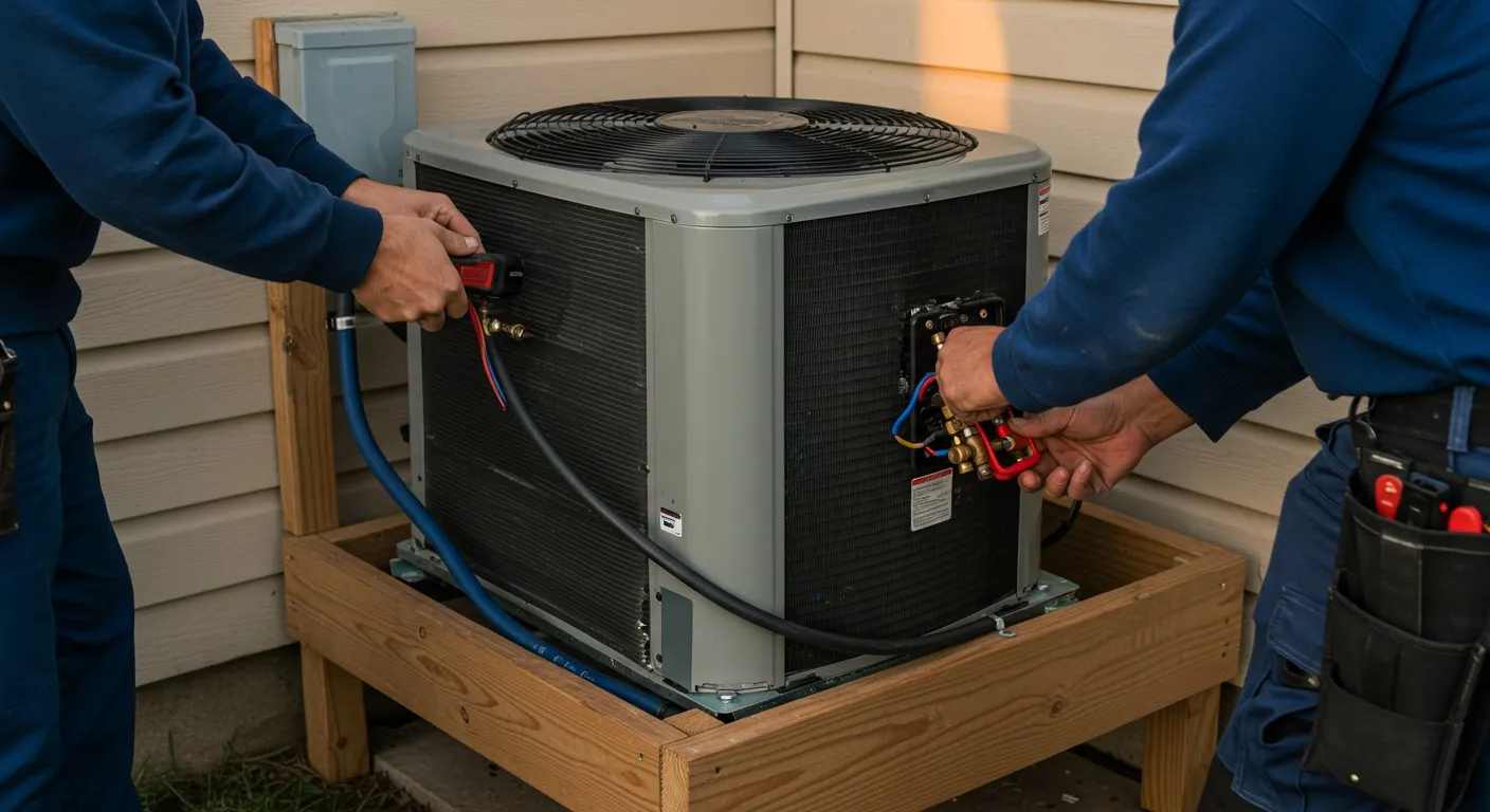Two people servicing a residential AC unit.