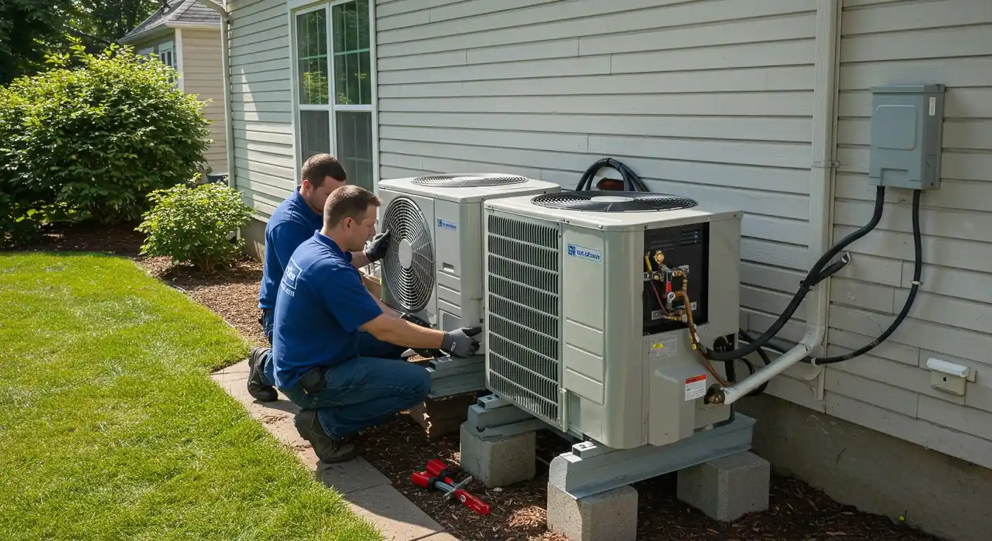 Two workers installing outdoor AC units.