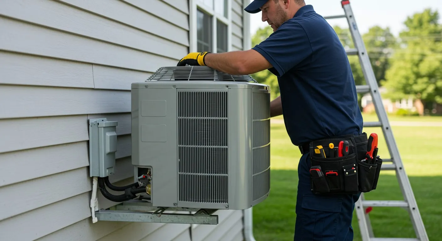 A worker servicing a residential AC unit.