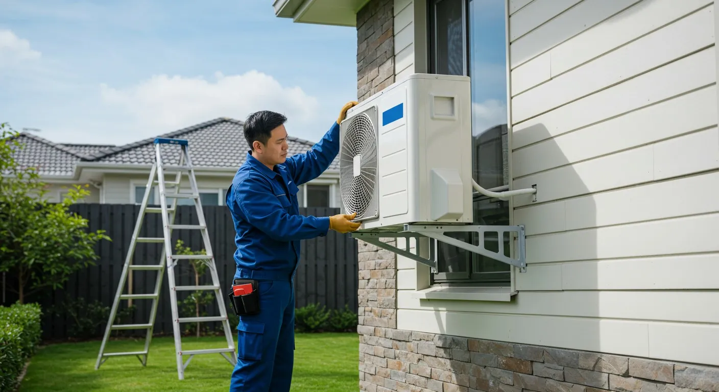 A technician installing an outdoor AC unit.