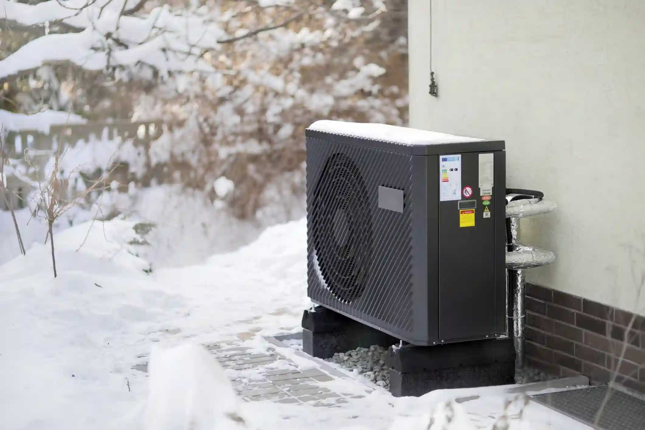 A sleek, black heat pump unit is installed on a concrete slab and raised on a stand next to a house wall. It's winter, and the ground around the unit is covered in a thick layer of snow. The background shows snow-covered trees and a garden area. The unit's pipes are wrapped in insulation.