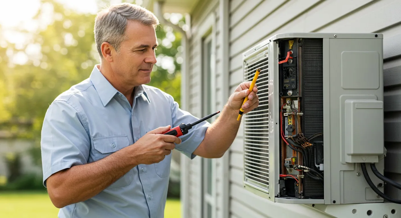 A professional maintaining an outdoor AC unit.
