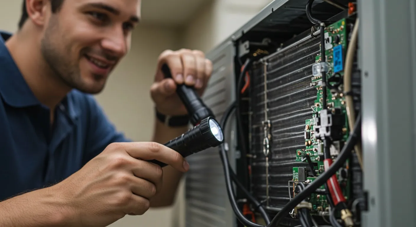 A smiling repairman inspects an air conditioner.