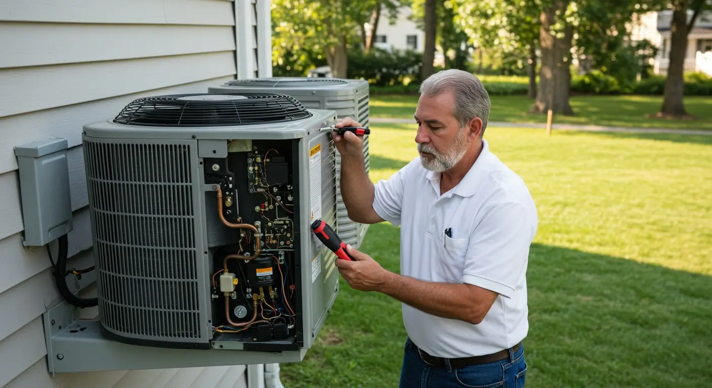 A repairman fixes an air conditioner.