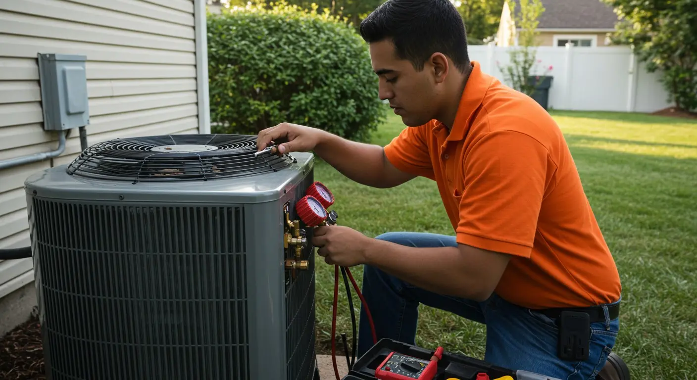 A repairman works on a cooling unit.