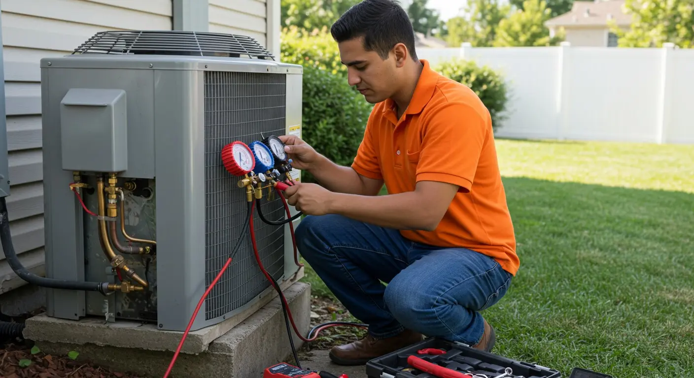 A repairman checks an outdoor unit.