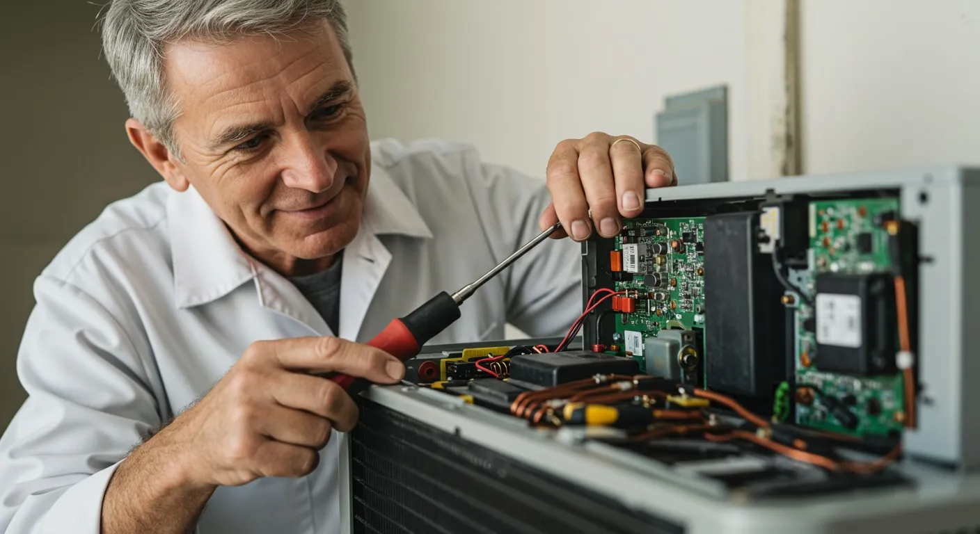 A repairman fixes an appliance.