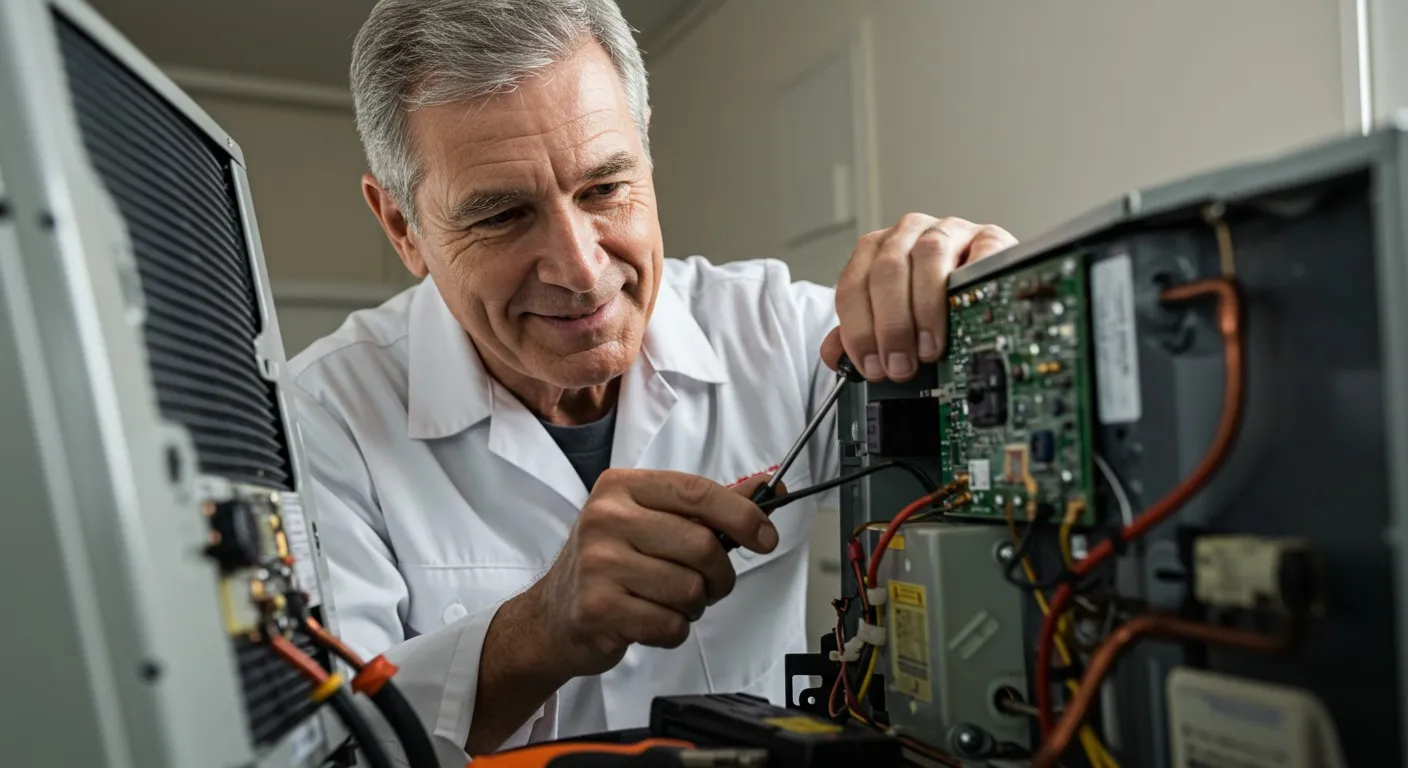 A repairman fixes a complex ac appliance.