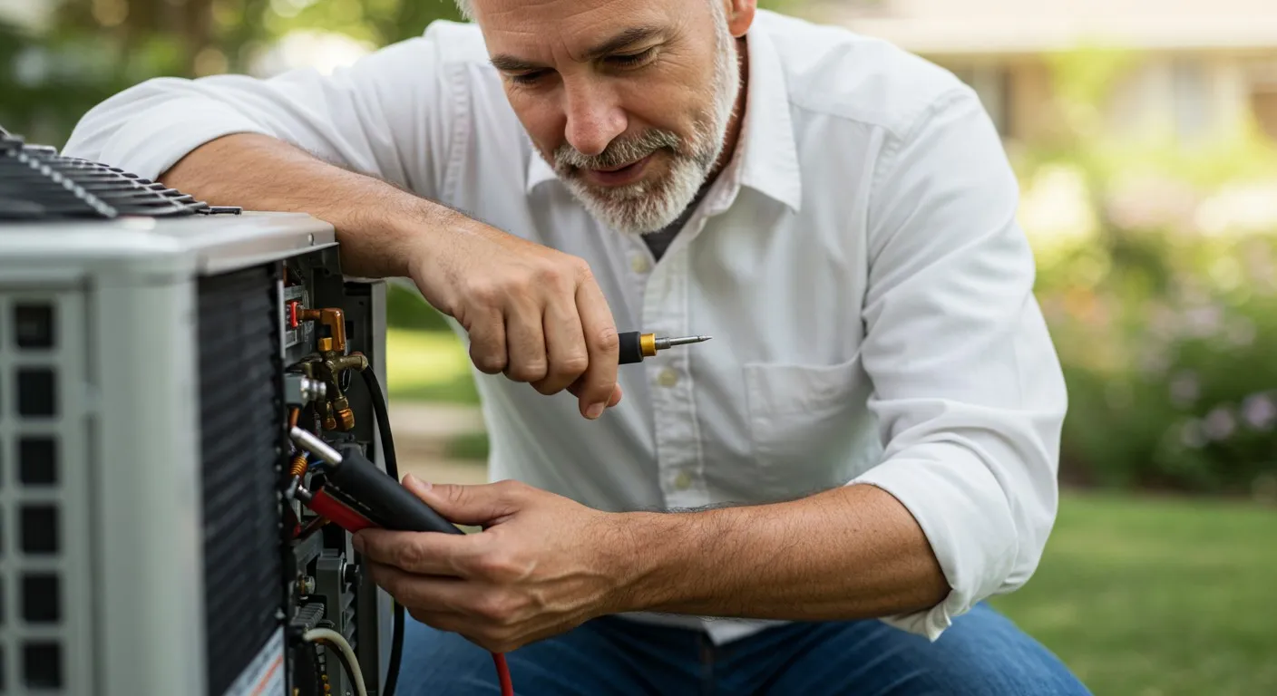 A repairman fixes an appliance.