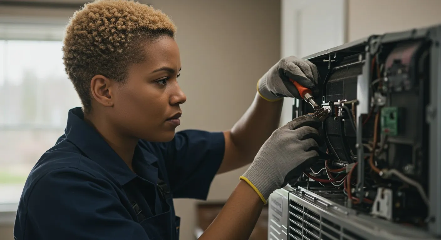 A black woman repairs a cooling unit.