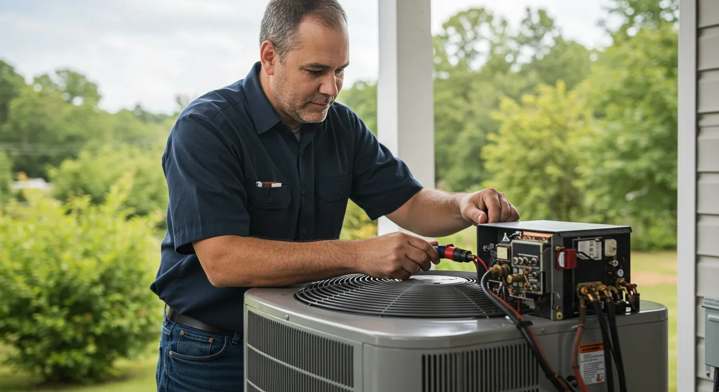 A male repairman fixes an outdoor unit.