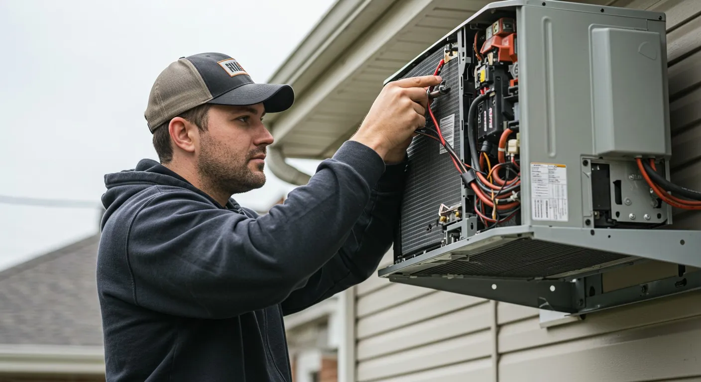 A male repairman fixes a cooling unit.