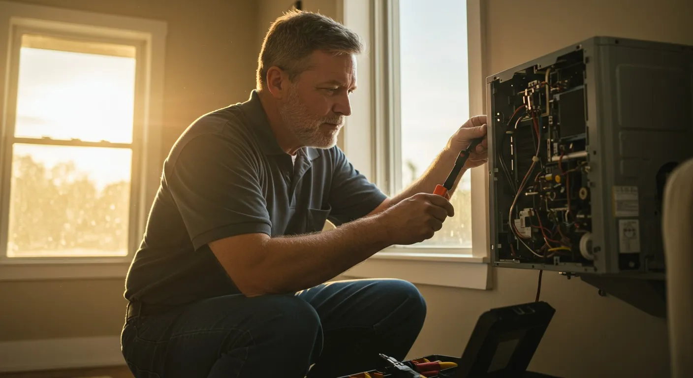 A man works on an appliance indoors.