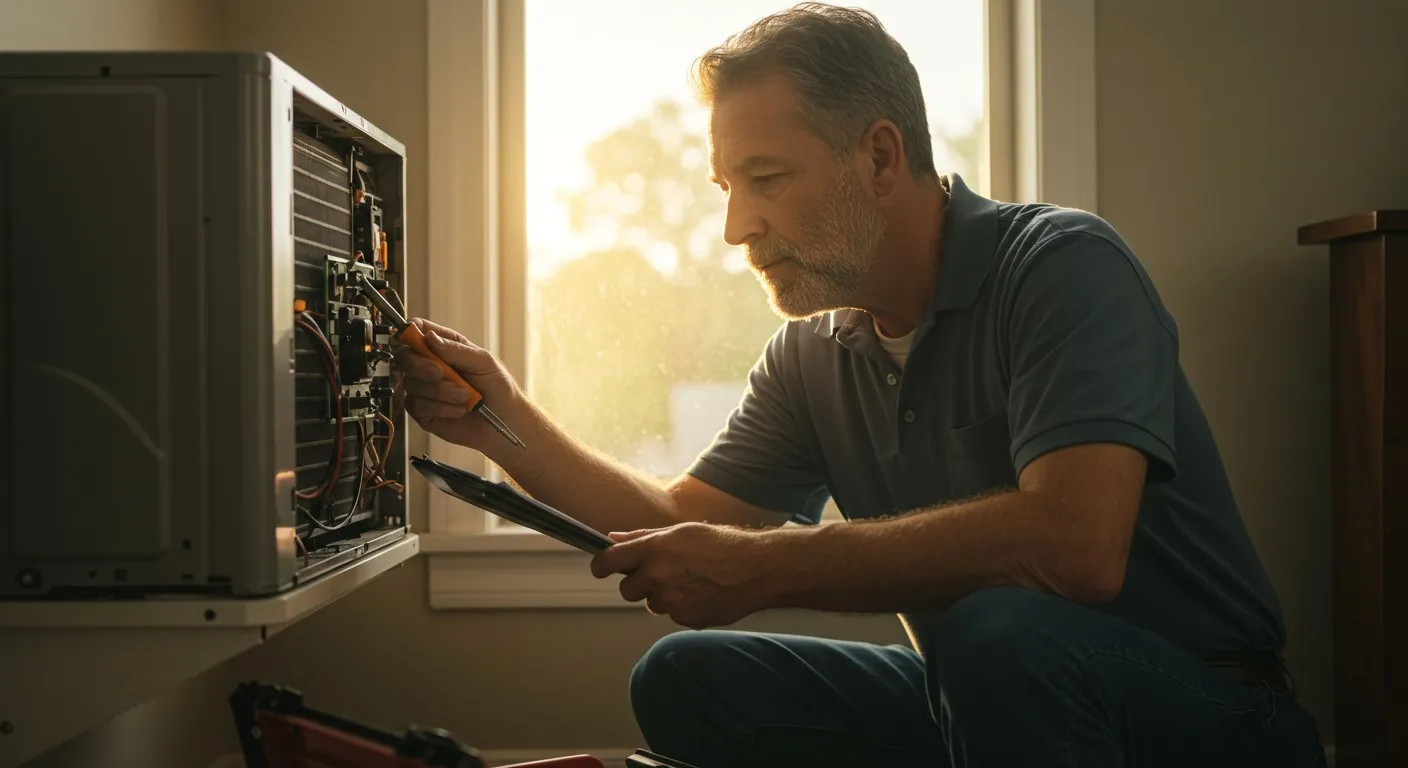 A repairman fixes a cooling unit.