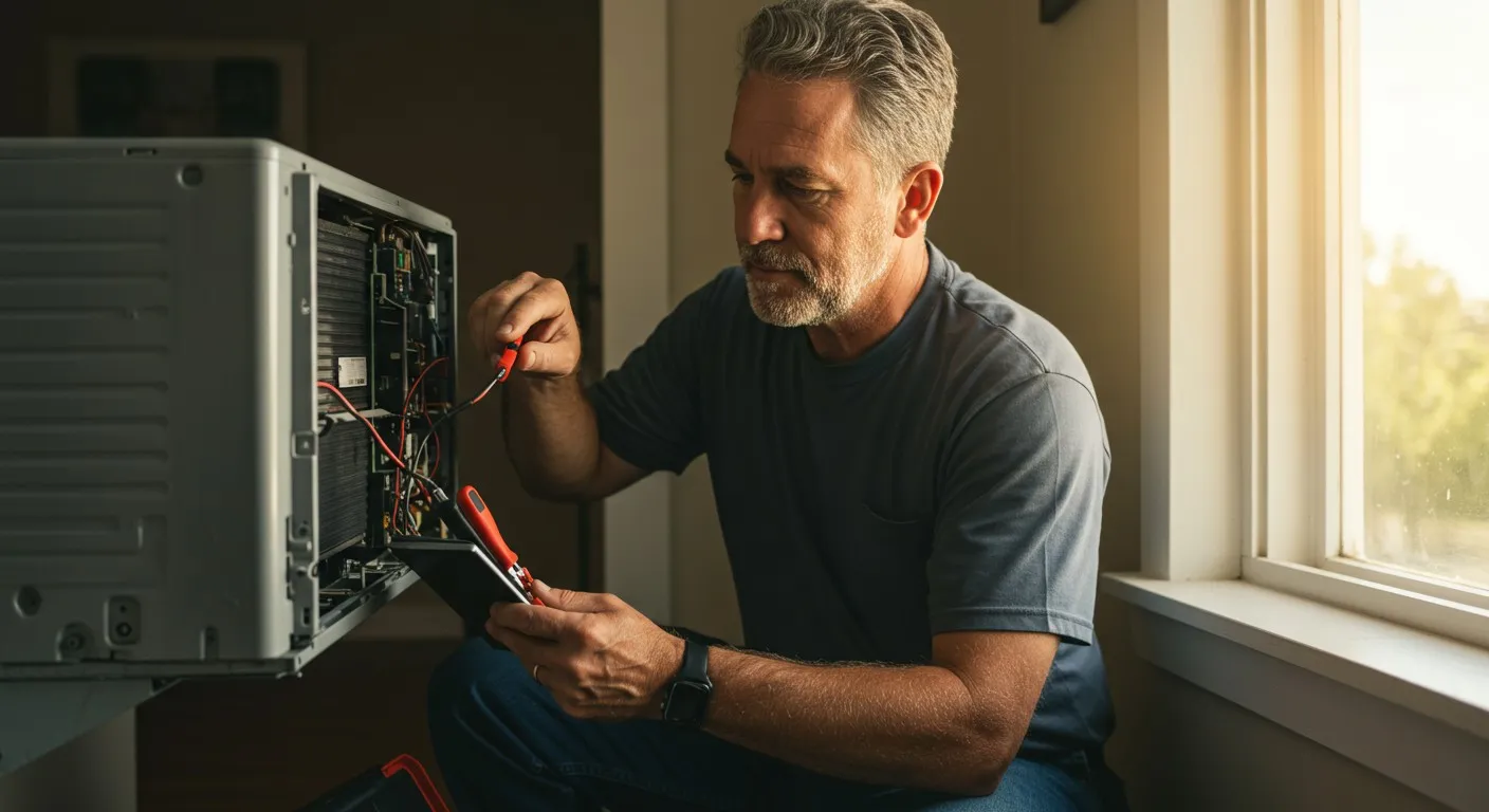 A senior man repairs a cooling unit.