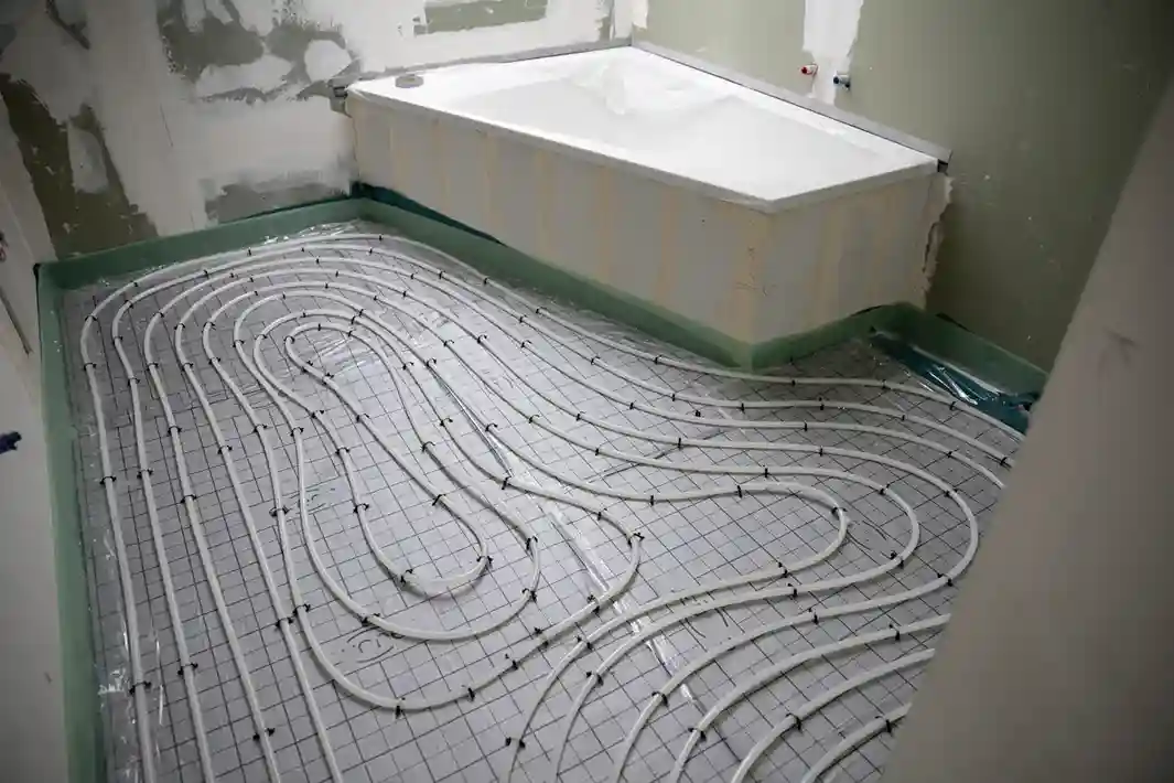 An in-progress bathroom renovation shows white radiant heating pipes laid in a looping pattern on a gray gridded mat in front of a new white bathtub.
