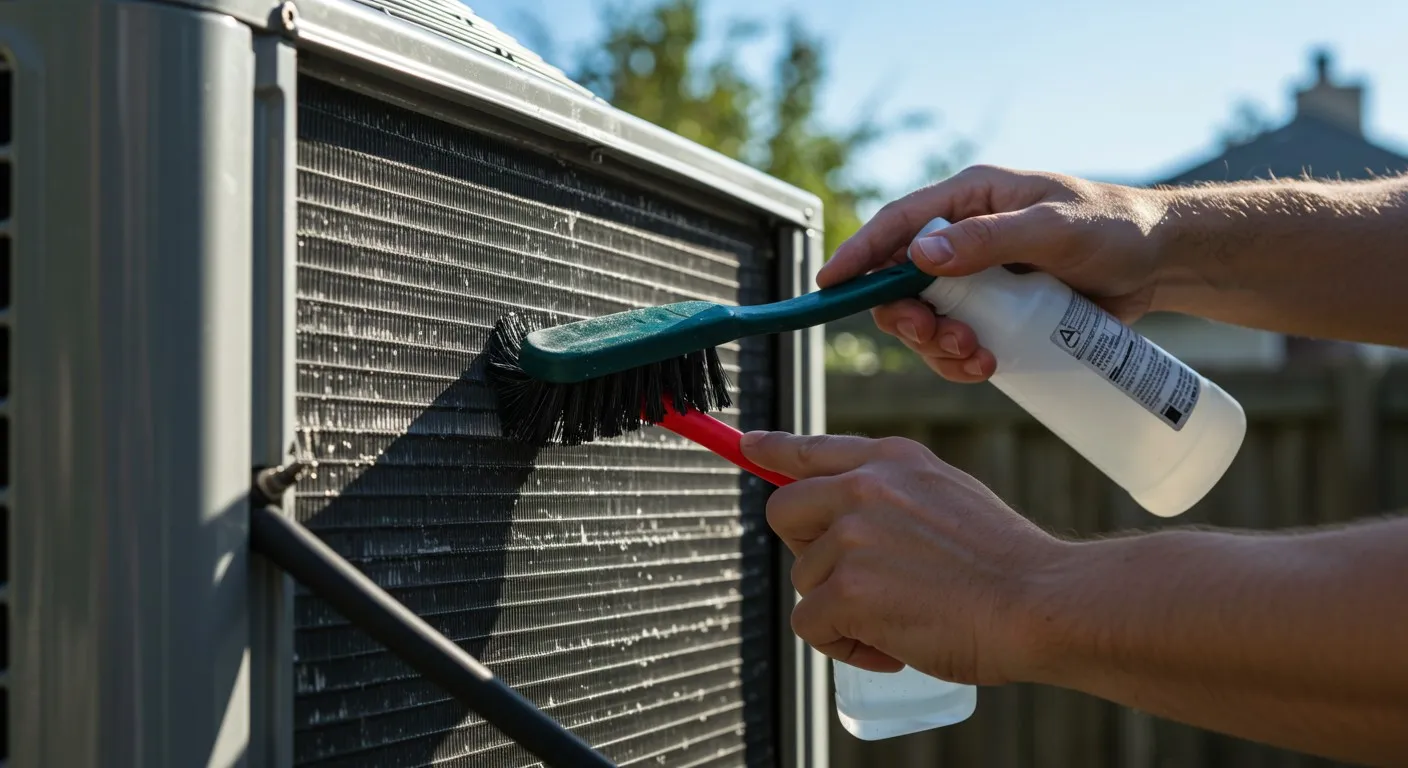 A repairman brushes and sprays an AC unit.