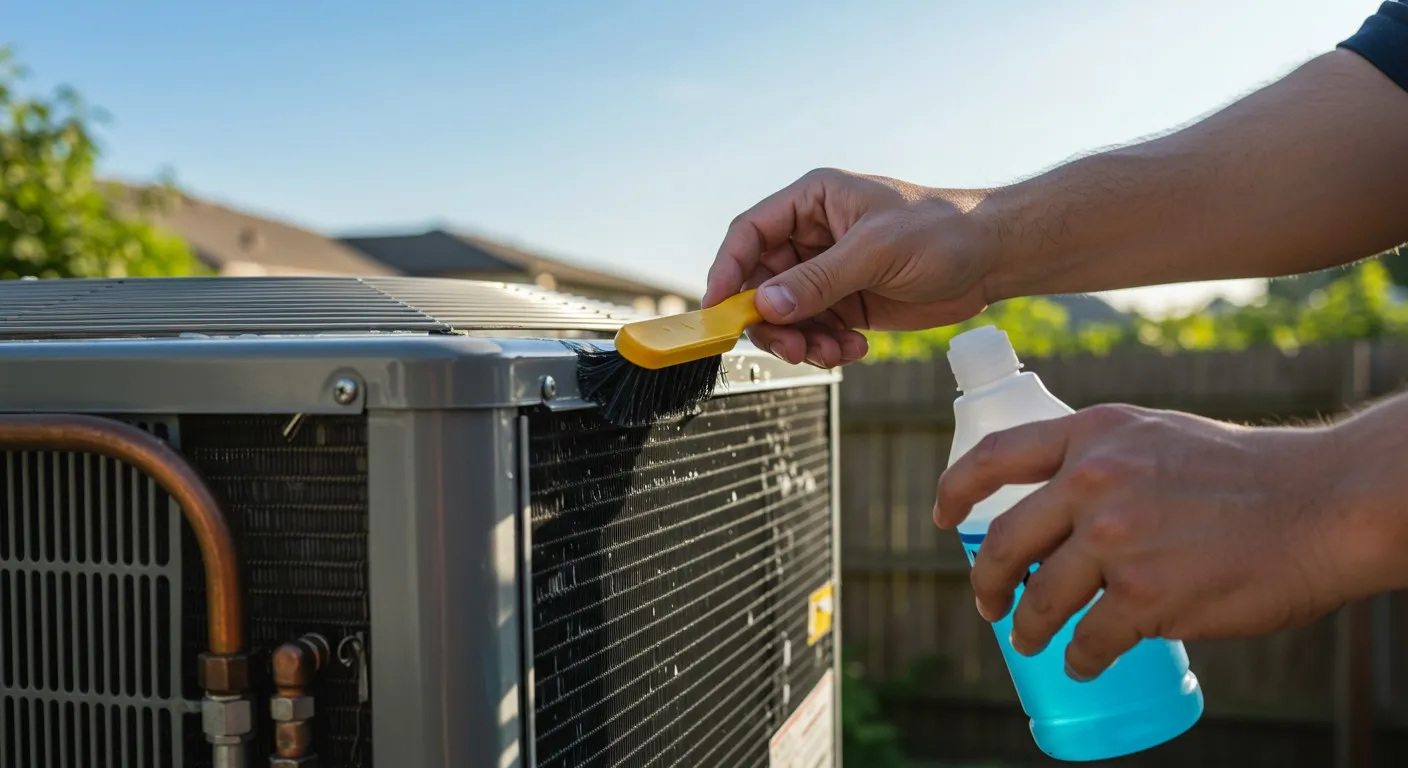 A gloved repairman sprays and brushes an AC.