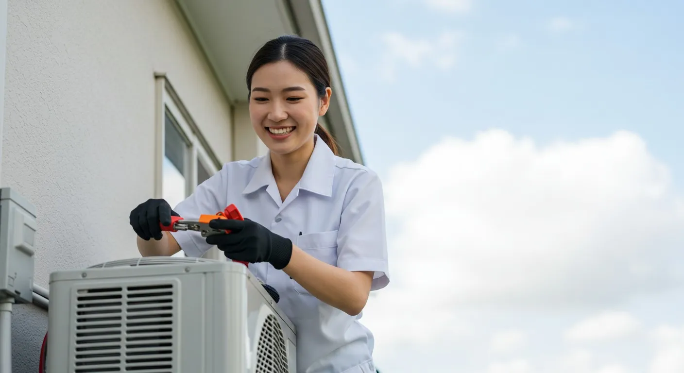 A happy technician works on an AC unit.