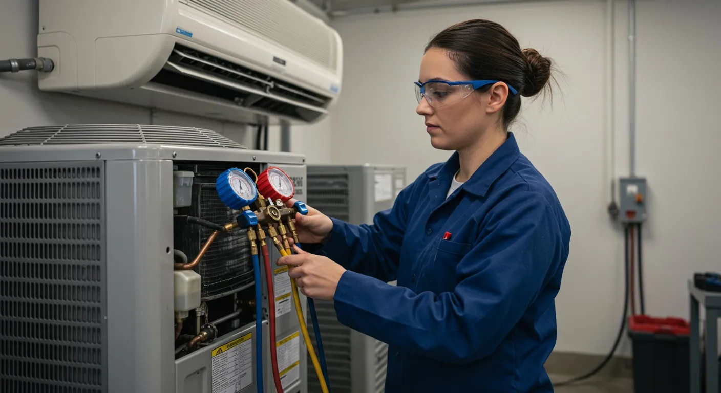 A female technician checks AC gauges indoors.