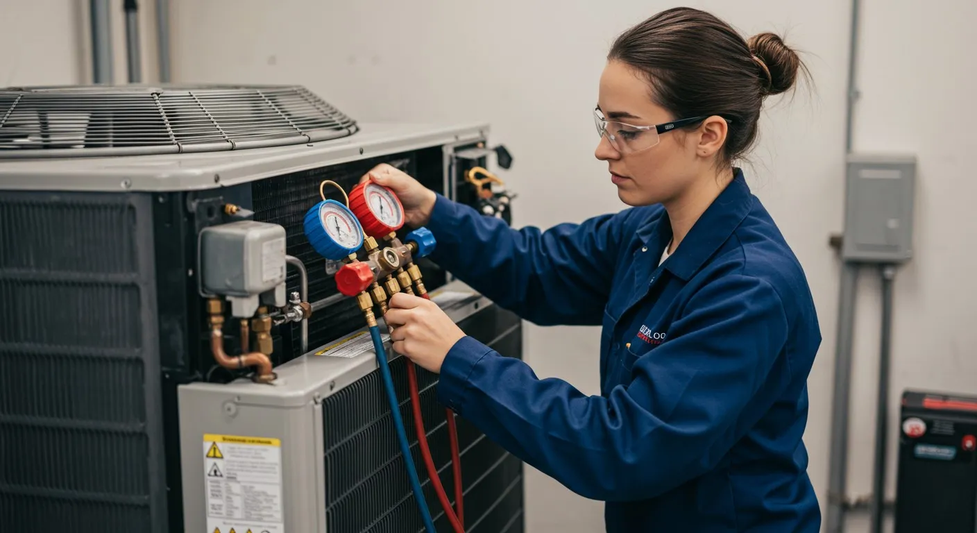 A female technician checks gauges on AC.