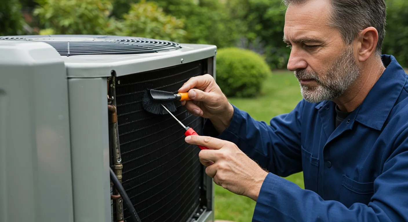 A mature repairman cleans the coils of an AC.