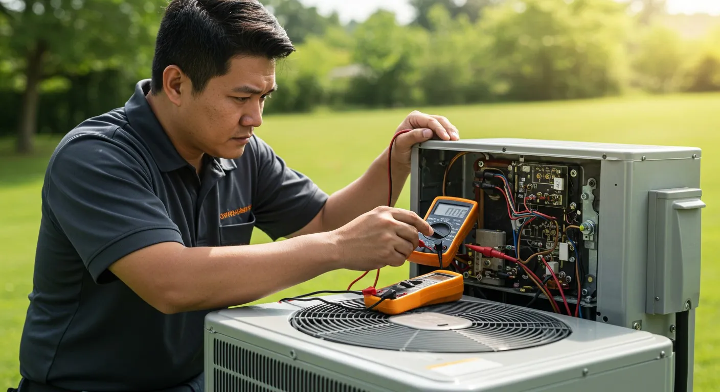 A technician uses a multimeter on an AC.