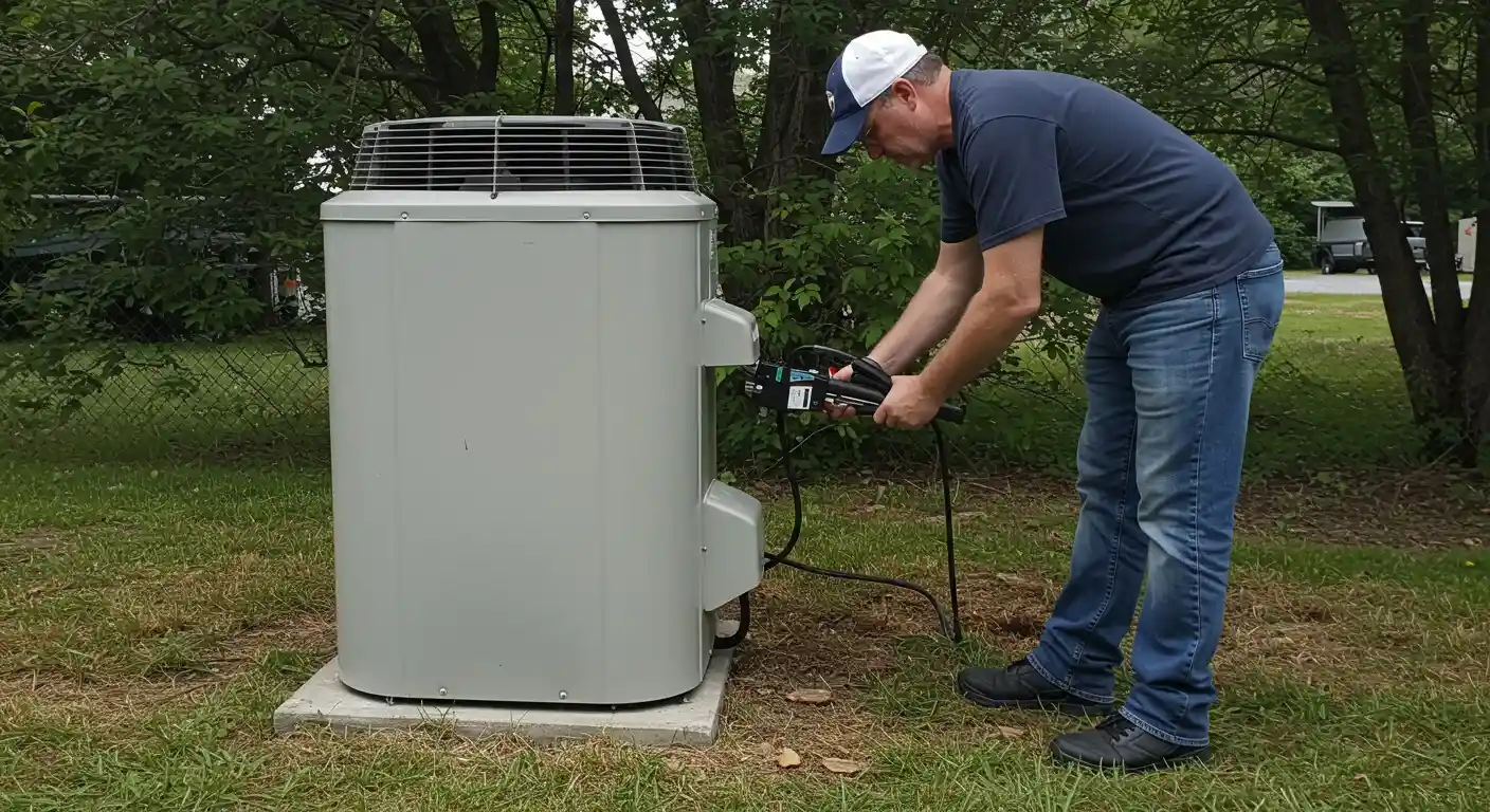 A repairman uses a tool on an AC.