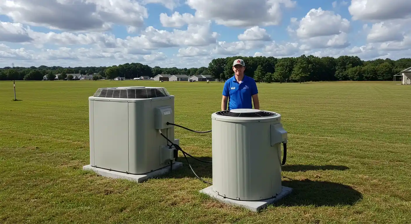 A repairman stands between two AC units.