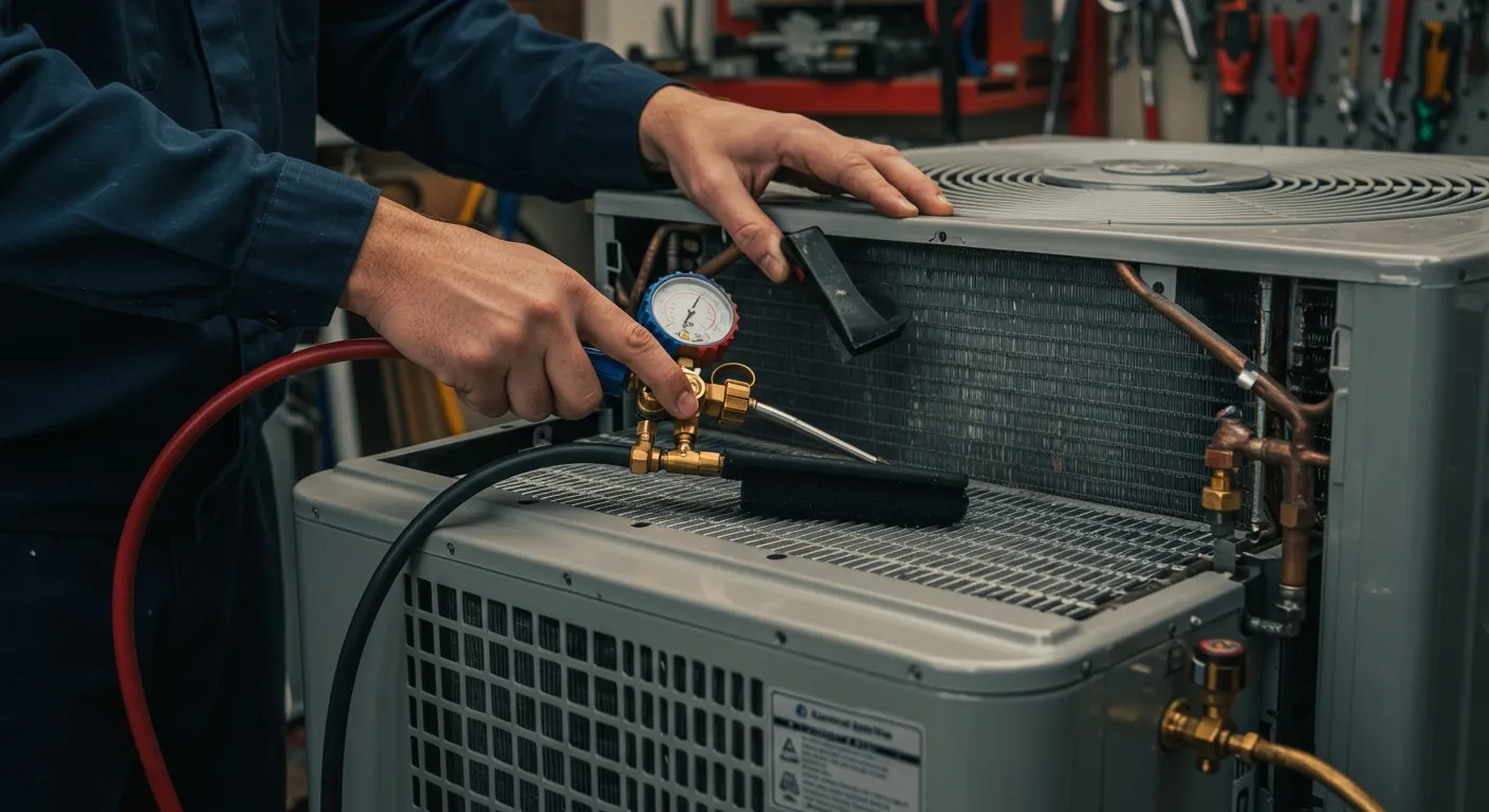 A technician checks gauges on an AC.
