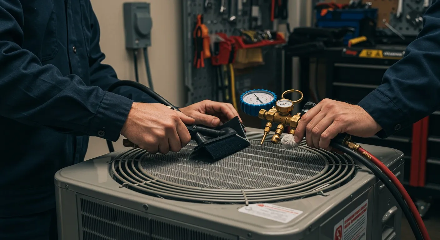 Two technicians check the gauges on an AC.