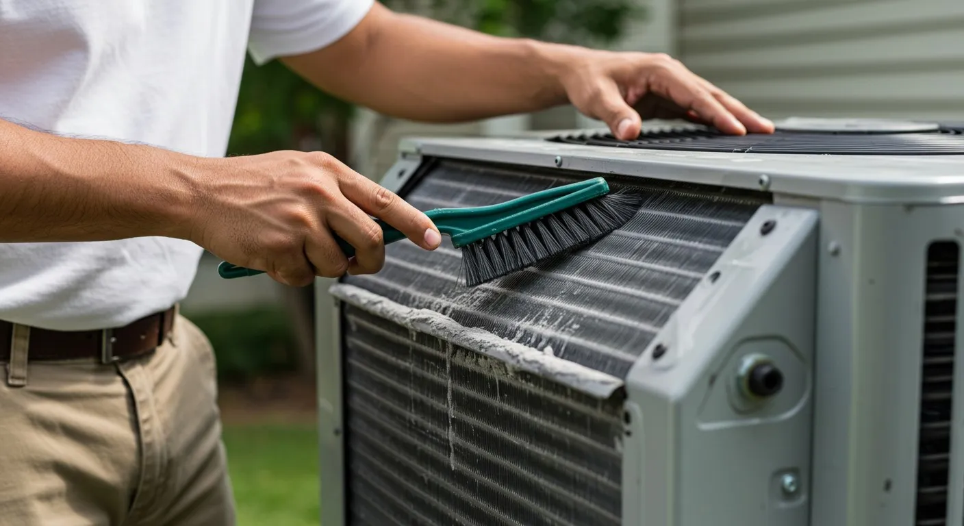 A person brushes the dusty coils of an AC.