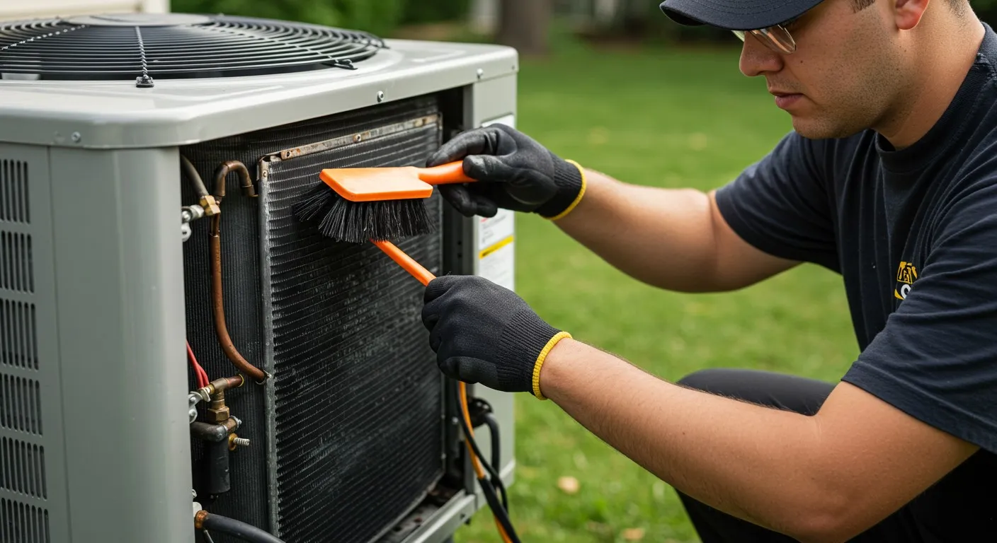 A repairman brushes the coils of an AC.