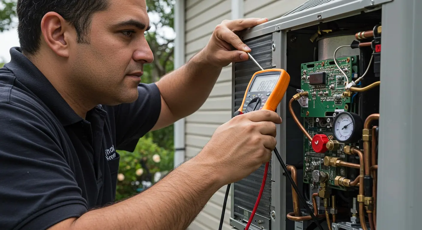 A technician uses a multimeter on an AC.