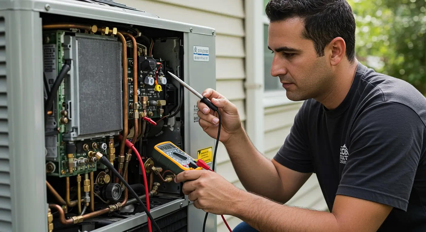 A technician uses a multimeter on an AC.