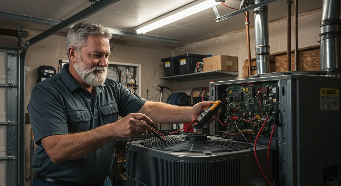A repairman uses a multimeter on an AC.