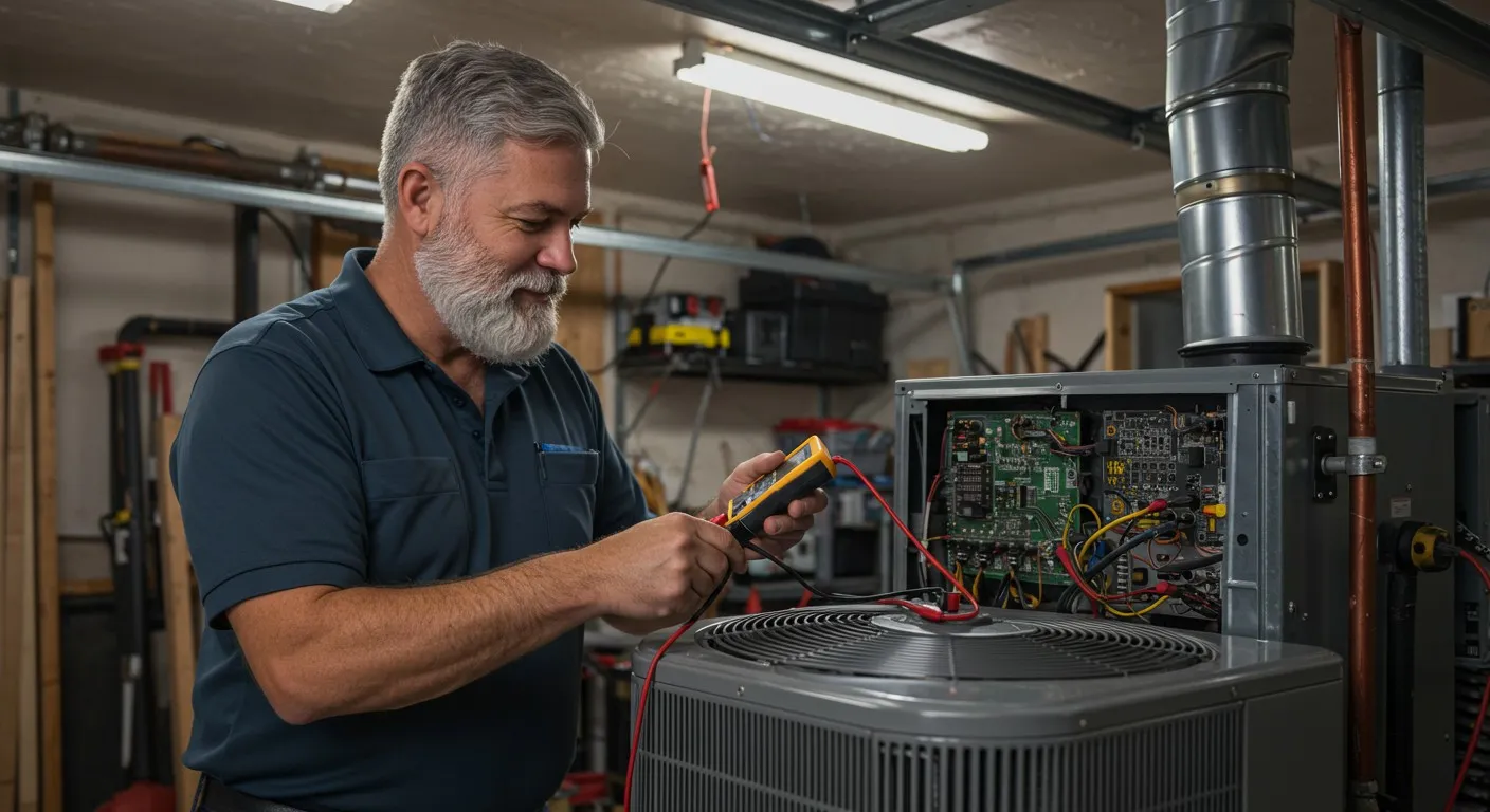 A repairman tests the AC circuitry.