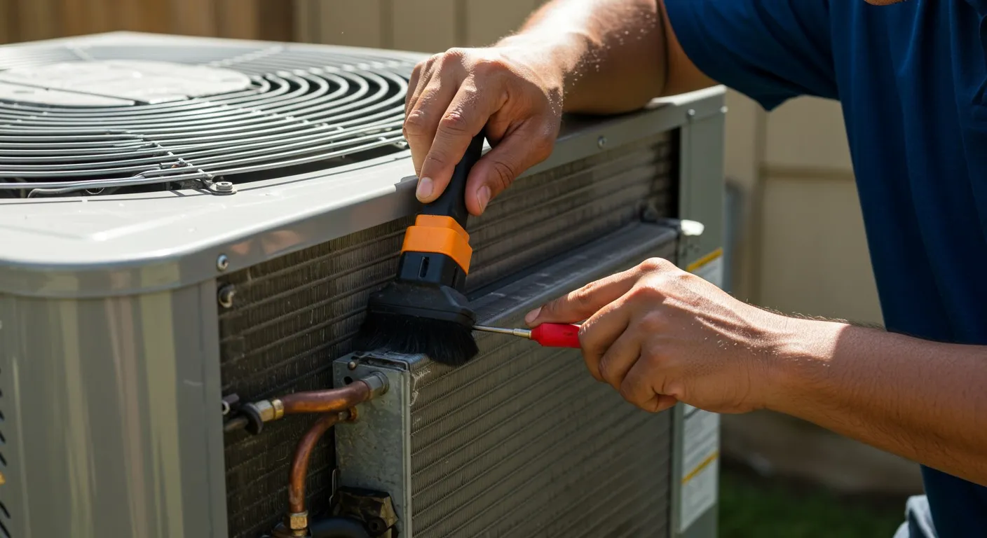A repairman brushes the coils of an AC.